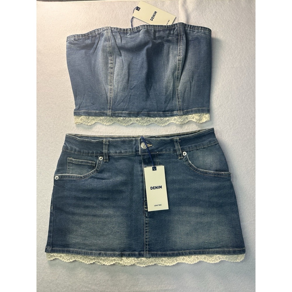 Love Tree Denim Skirt and Top Set Women's Size Small Blue with White Lace. NWT